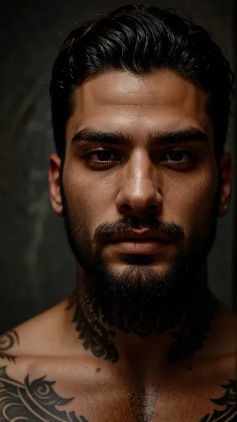 male portrait, beautiful face ,black hair ,stubble beard perfect face, deliberate, masterpiece, best quality, highest quality, cinematic lighting, very beautiful, ultra realistic, tattoos, tattooed, beautiful,  captivating,extremely dark brown, appearing a...