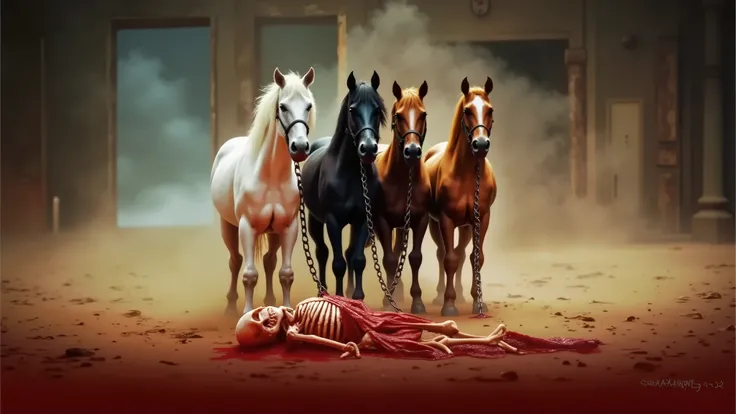 four horses dragging thick chains, in ancient Greece, mythological, cinematic, dramatic. The horses are colored white, black, chestnut, and caramel. a warrior skeleton lying on the ground in flesh, blood, guts. bloody skeleton with guts hanging out. perfec...