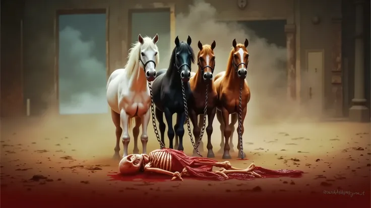 four horses dragging thick chains, in ancient Greece, mythological, cinematic, dramatic. The horses are colored white, black, chestnut, and caramel. a warrior skeleton lying on the ground in flesh, blood, guts. bloody skeleton with guts hanging out. perfec...