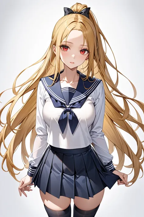 MASTERPIECE, BEST QUALITY, ULTRA DETAILED, HIGH DEFINITION, ILLUSTRATION, HYPER DETAILED, 1 girl, slender, medium breasts, red eyes, black pupil, oval pupil, blonde hair, long hair, bangs covering the forehead, long hair in a ponytail, loose strands, black...