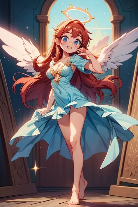 (masterpiece, best quality) cute anime angel girl, red long hair, delicate angel wings, barefoot, sexy smiling, sexy pose, coquette, beautiful long legs, mature girl, gorgeous body, pronounced breasts, big breast, standing, intricate details and sunlight e...