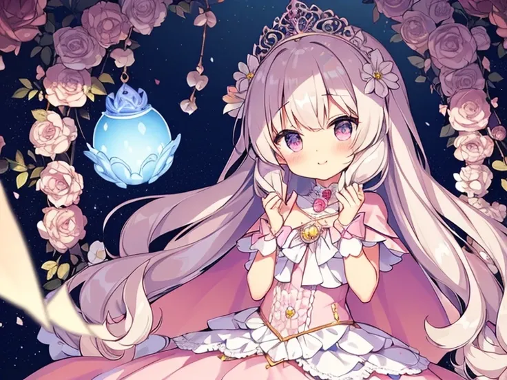 (solo), focus on character, kawaii, masterpiece, best quality, ultra detailed face, (rococo style gown), (long train pastel pink cape:1.15), (long train white ball gown:1.1), wide flared skirt, gown with flower decorations, (a girl is wearing a long cape o...