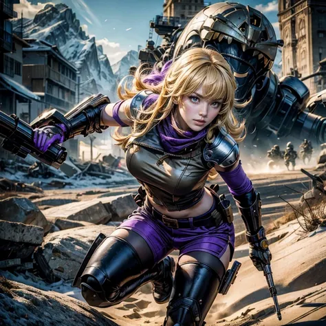 yangxiaolong, yang xiao long, long hair, blonde hair, large breasts, (purple eyes:1.3), ahoge, bangs, BREAK smiling, wearing military combat clothing, sleeveless, shorts, boots, mechanical arms, single mechanical arm, prosthesis, prosthetic arm, BREAK hold...