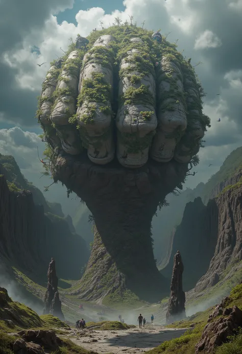 a gigantic hand emerges from the ground and crushes the whole world into its fist /(between the fingers are stuck people, buildings, cars, factories, trees, mountains, animals of all kinds, everything on planet earth)/. an extremely realistic image.