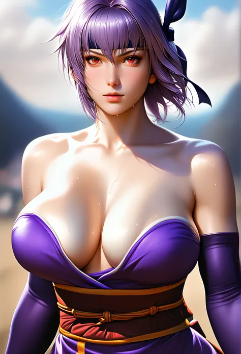 score_9, score_8_up, score_7_up, Girl's profile picture, realistic skin texture, detailed picture, HD32k, 1girl, solo,large breasts,cleavage, (extremely soft breasts, breasts apart),doaAyane, purple hair, red eyes, headband, purple kimono, bare shoulders, ...