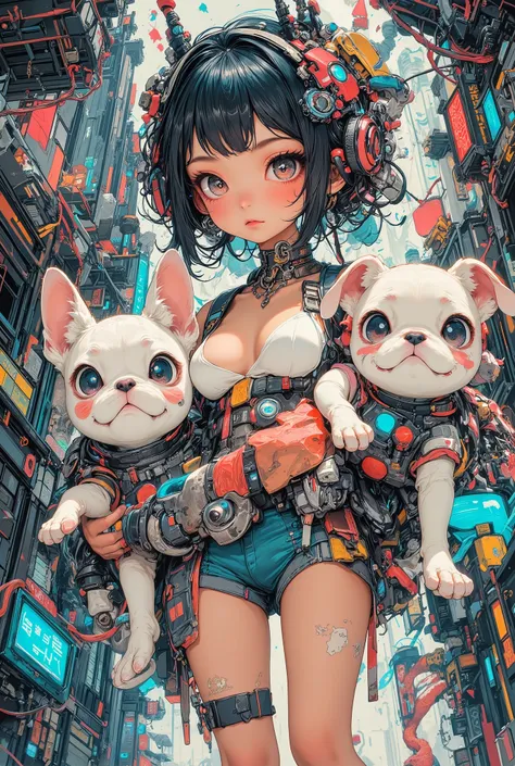 (High Definition, masterpiece, Accurate, top quality, High Definition model, high detail, (((The textures are soft))), ((matte and toy-like with a handmade premium look)), (((Tim Burton style))), Girl walking with her French bulldog, best quality, (intrica...