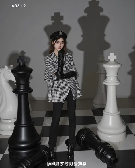 A woman standing on a giant chessboard surrounded by oversized chess pieces. She is wearing a black and white houndstooth cape coat with a flared asymmetrical hem over black fitted pants. Her gloves are long and glossy black leather, and she holds one hand...