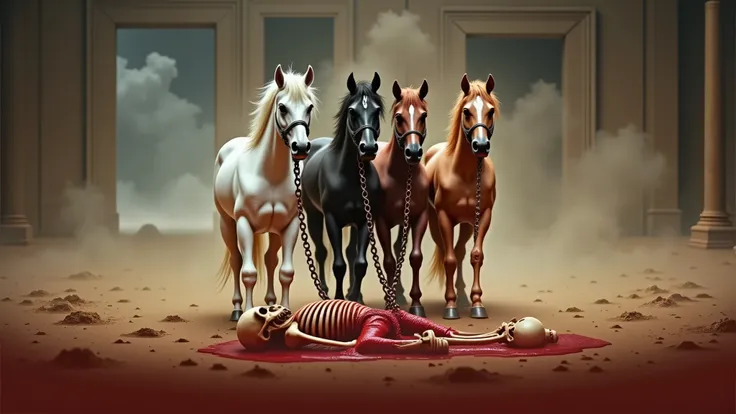 four horses dragging thick chains, in ancient Greece, mythological, cinematic, dramatic. The horses are colored white, black, chestnut, and caramel. a warrior skeleton lying on the ground in flesh, blood, guts. bloody skeleton with guts hanging out. perfec...