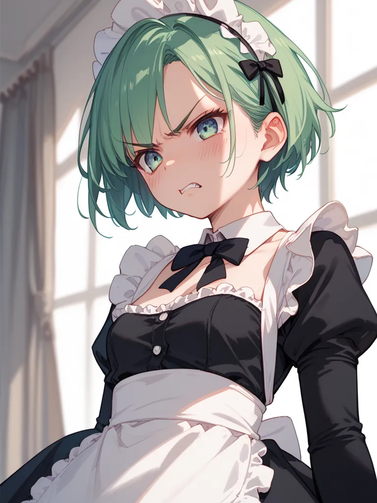 Very angry   , a girl, Alone, blush,  short hair,  green hair,  frowns , angry, maid costume