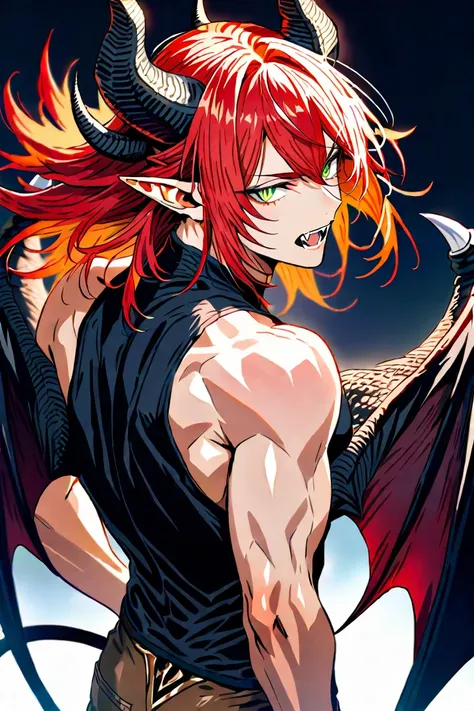 MASTERPIECE, BEST QUALITY, ULTRA DETAILED, HIGH DEFINITION, ILLUSTRATION, HYPER DETAILED, MALE, ALONE, 1boy, redhead, short shoulder length hair, unruly hair, green eyes, thin toned, pointy ears, black slit pupil, sharp nails, fangs, demon tail, horns twis...