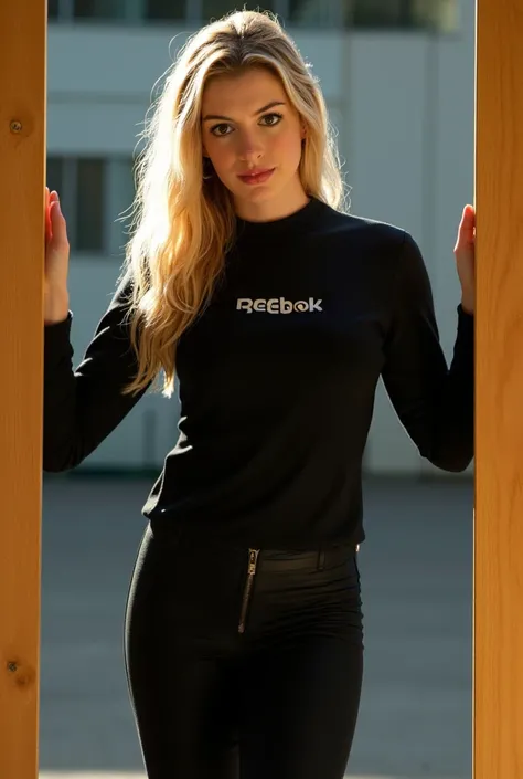 belle blonde, avec des vêtements de sport en latex noir, Sweat-shirt en latex avec le logo Reebok sur la poitrine, pantalon de sport en latex , posant dans un cadre de porte, , Environnement sportif. éclairage naturel, Des images impressionnantes, approche...