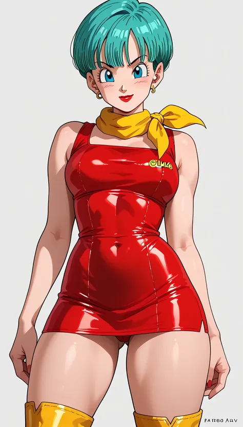 1girl, Bulma, aqua blue hair, swept bangs, Blue eyes, Red lips, (cute face), (young face), big boobs, perfect body, beautiful thighs
,
yellow scarf wrapped around the neck, tight red latex dress, yellow thigh-high boots
,
standing, legs apart, smiling, med...