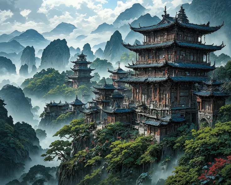 Majestic ancient temple buildings on high mountain cliffs in the vast and towering mountains of the fairyland forest(Close-up of exquisite wooden ancient temple architecture) Very beautiful Chinese scenery surrounded by thick fog, Ethereal Otherworldly Mov...