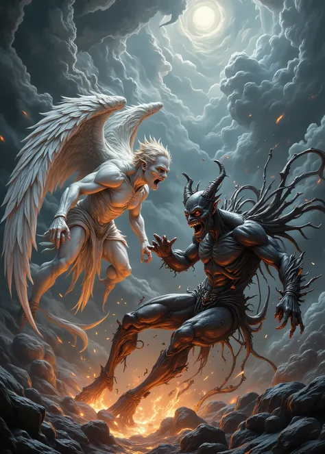 Realistic and authentic-oriented 、A fierce battle between a white angel and a black devil、Intense and dynamic 、torn off、You can hear 、Lightning runs、Sparks fly、 roar above the swirling clouds