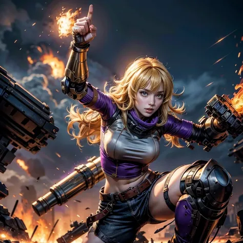 yangxiaolong, yang xiao long, long hair, blonde hair, large breasts, (purple eyes:1.3), ahoge, bangs, BREAK smiling, wearing military combat clothing, sleeveless, shorts, boots, mechanical arms, single mechanical arm, prosthesis, prosthetic arm, concerned ...