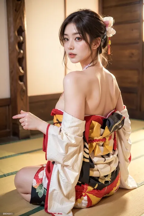 ( top quality,8K wallpaper),  Masterpiece,  RAW photos ,  photorealistic,  one girl,  ornate hair ornament, Sit with your legs broken, Brown hair with a habit of putting one hand on the floor ,  look down,  from behind, ( beautiful Japanese kimono), (An in...