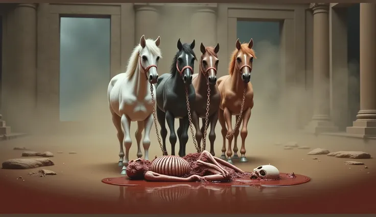 four horses, in ancient Greece, cinematic, dramatic. The horses are colored white, black, chestnut and caramel. a skeleton lying in water and blood. bloody skeleton with guts hanging out. perfect anatomy, skull, bones. puddles of water and blood.