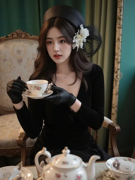 "A woman sitting elegantly at a vintage tea table, holding a delicate porcelain teacup with black satin gloves. She is wearing a long, black velvet dress with a deep neckline, exuding a timeless, classic allure. Her accessories include a wide-brimmed black...