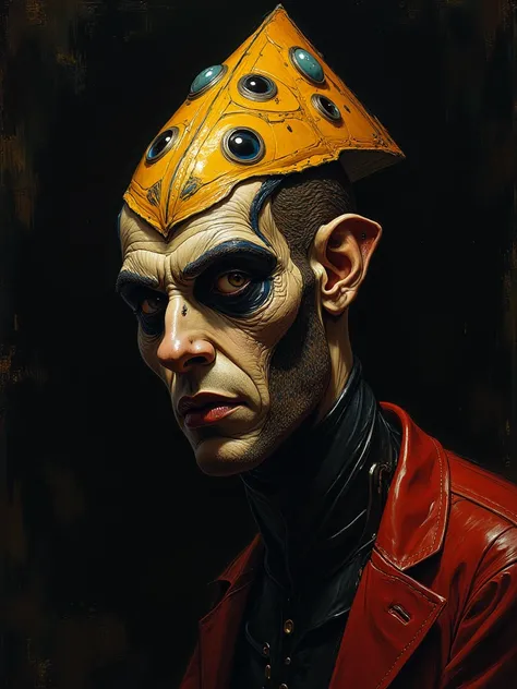 Highly detailed face close of a comic books style of a impressionist chiaroscuro on cinematics style, weird circus figure with a triangle head and multiple eyes.