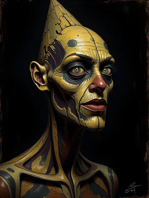 Highly detailed face close of a comic books style of a impressionist chiaroscuro on cinematics style, weird circus figure with a triangle head and multiple eyes.