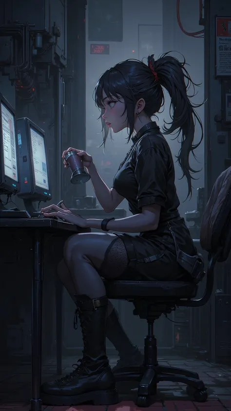  computer traitor ， Artificial 18 ，detective， Open Your Mouth ，melancholy，Bangs， collar，Work clothes， Lace Tights，Dragon Wings ， Behind the Head  ， combat boots  ，Take the cup，dusk， 8-Piece Game ， Photography Method 