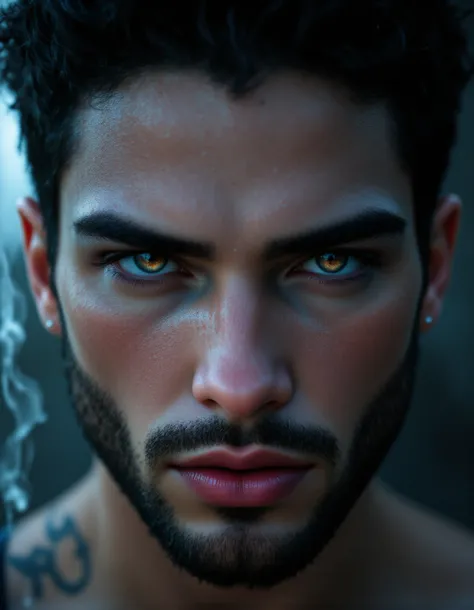 male portrait, beautiful face ,black hair ,stubble beard perfect face, deliberate, masterpiece, best quality, highest quality, cinematic lighting, very beautiful, ultra realistic, tattoos, tattooed, beautiful,  captivating,A breathtaking fusion of icy silv...