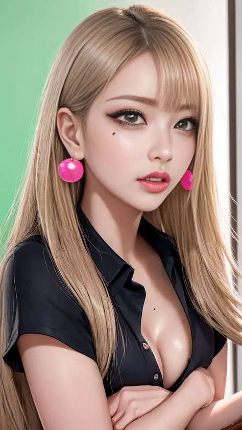 1 scene, high quality,Super  high res, high res illustration, Masterpiece, extremely detailed,  blonde hair, high res,Ja is nicenese,gyaru make, pink eyeliner , pink lips, earrings,( Beautiful girls who lick each other's ears have dirty lips and an old cre...