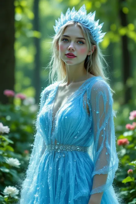 A utopian summer queen with a dress made of crystal water 