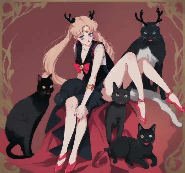 Sailor Moon Gótico, Sailor Moon Gótico,  gothic makeup ,  black dress, melancholic girl, with a black cat, antlers, pentagram background, Teary eyes. nice legs