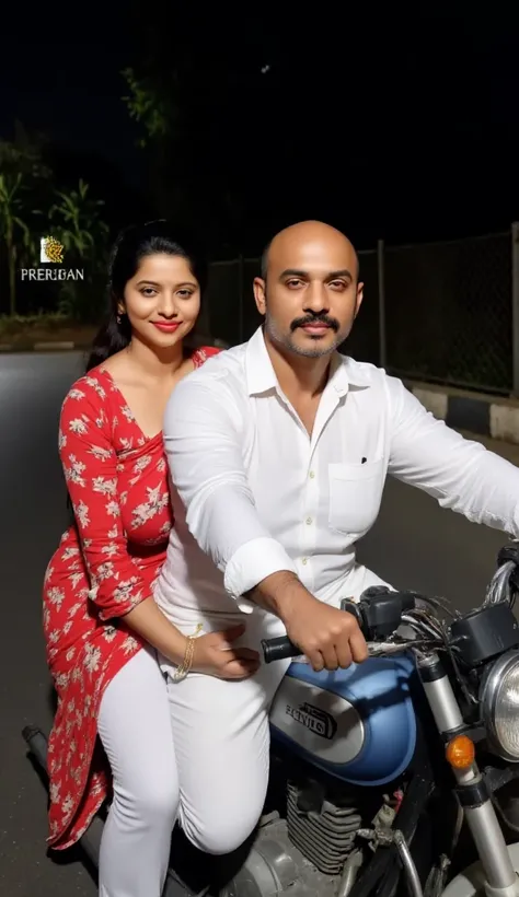 Indian old politician black skin rugged man with his sexy milf assistant driving bike in dark night street, tall woman with thick curvy mom body physique, woman with long ponytail black hair, woman with small black dot bindhi in forehead and red sindoor, w...