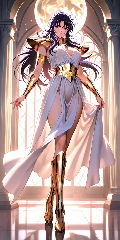 Masterpiece, elegant mature man, seiya\(saint seiya\), pegasus cloth, full body, parted lips, smile, full moon background, dynamic lighting, ultra detailed, highres, absurdres, home, seiya\(saint seiya\) style, stunning visual cg, looking at viewer