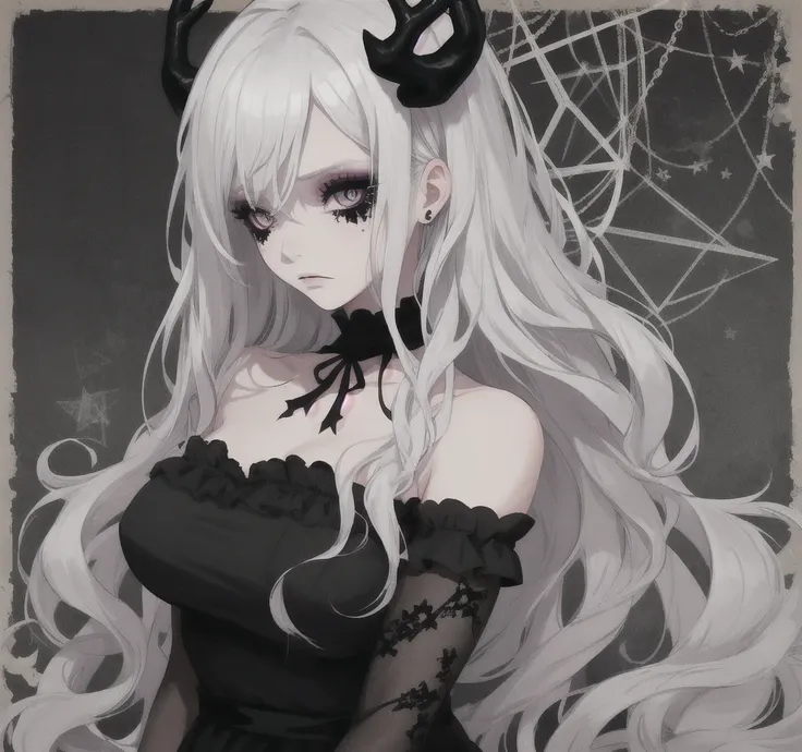  goth girl,  white hair,  gothic makeup ,  black dress, melancholic girl, with a black cat, antlers, pentagram background, Teary eyes.
