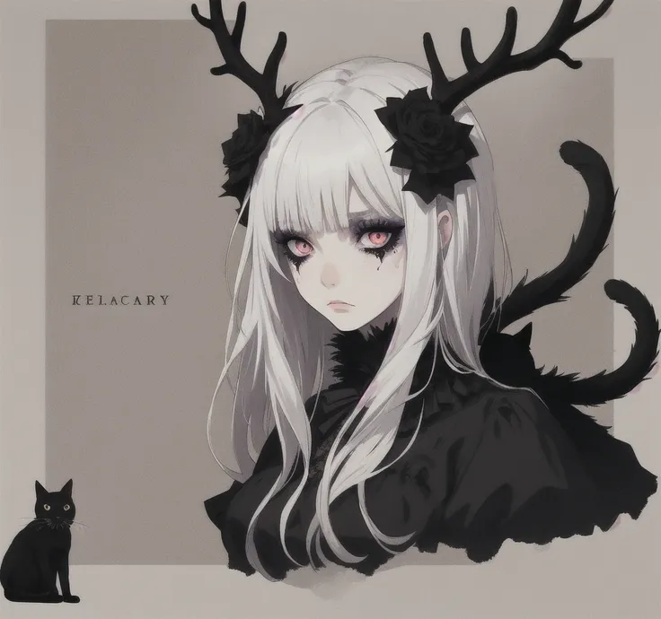  goth girl,  white hair,  gothic makeup ,  black dress, melancholic girl, with a black cat, antlers, pentagram background, Teary eyes.
