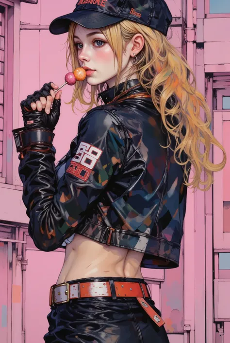 anime girl with blond hair and a baseball cap eating a candy, she is in profile and looks at the camera with a complicit look , wears a black leather jacket with a raised collar of the jacket , with letters in red and white , a black leather skirt wit...