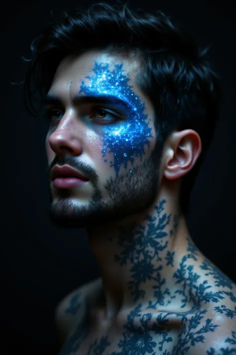 male portrait, beautiful face ,black hair ,stubble beard perfect face, deliberate, masterpiece, best quality, highest quality, cinematic lighting, very beautiful, ultra realistic, tattoos, tattooed, beautiful,  captivating,A breathtaking fusion of icy silv...