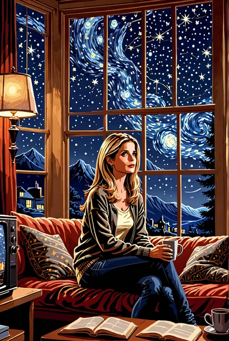 Buffy Summers is sitting in front of the TV in a cozy room drinking coffee, an old movie is on TV , Outside the window is a starry night, cozy atmosphere, beautiful Buffy ,