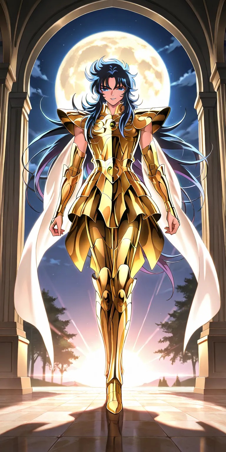 Masterpiece, elegant mature man, seiya\(saint seiya\), pegasus cloth, full body, parted lips, smile, full moon background, dynamic lighting, ultra detailed, highres, absurdres, home, seiya\(saint seiya\) style, stunning visual cg, looking at viewer