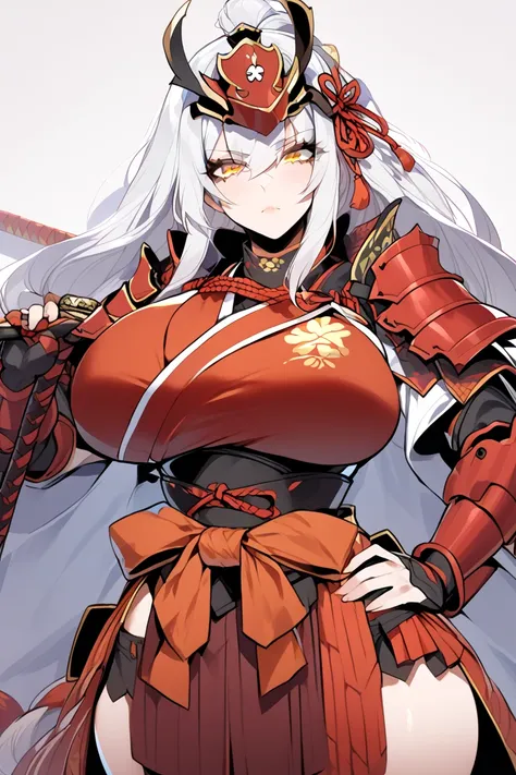 A samurai woman with silver hair and amber eyes wearing samurai armor and a katana in her hand, She has huge breasts and curvy hips 