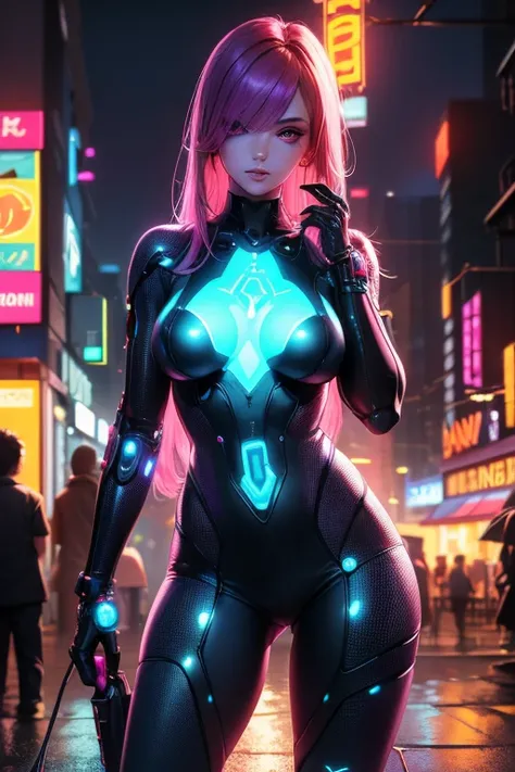 (photorealistic) a stunningly beautiful cybernetic woman in a futuristic, dystopian cyberpunk cityscape. Her face and body seamlessly blend human features with intricate cybernetic enhancements, glowing circuitry, and visible electrical currents pulsing th...