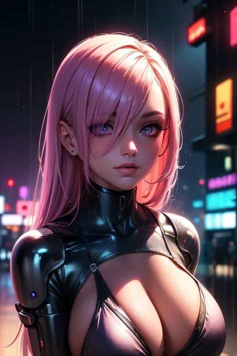 (photorealistic) a stunningly beautiful cybernetic woman in a futuristic, dystopian cyberpunk cityscape. Her face and body seamlessly blend human features with intricate cybernetic enhancements, glowing circuitry, and visible electrical currents pulsing th...