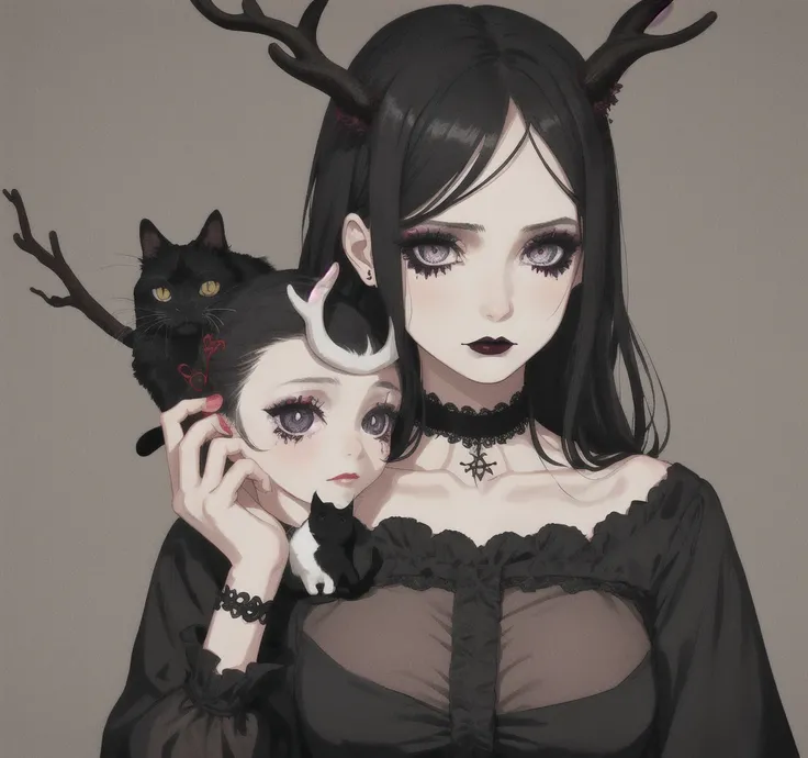  goth girl, Abundant black hair ,  gothic makeup ,  black dress, melancholic girl, with a black cat, antlers, pentagram background, Teary eyes.
