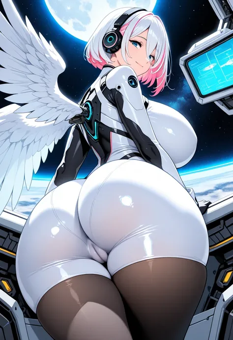 1girl, pink hair, white hair, two-toned hair, short hair, streaked hair, bangs, long bangs, blue eyes, huge breasts, wide hips, thick thighs, smile, light smile, headphones, bodysuit, white bodysuit, futuristic, tech, science-fiction, neon, neon trim, pant...