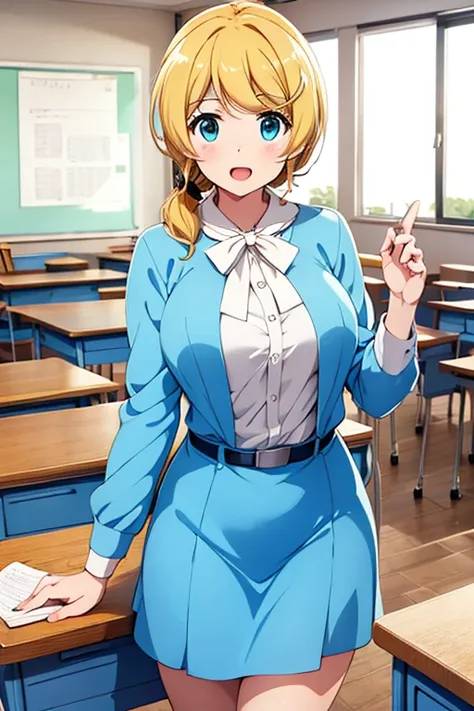 Ellen Baker in light blue clothes teaching English at her classroom desk