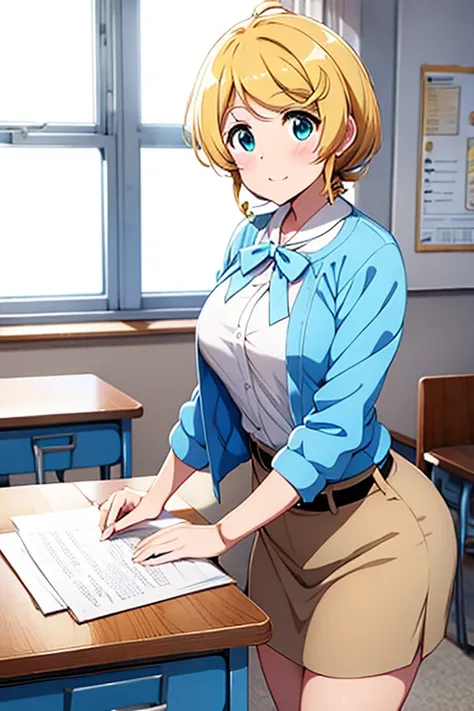 Ellen Baker in light blue clothes teaching English at her classroom desk