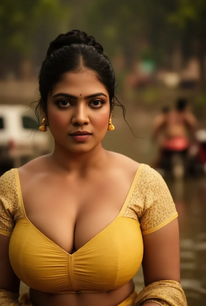 beautiful busty Indian women, detailed skin, oiled up sweaty skin, hair bun, deep cleavage, hourglass figure, near beach, busty, massive boobs, detailed eyes, simplicity, oiled body, leaning forward with her hands on her large breasts, deep cleavage, extre...