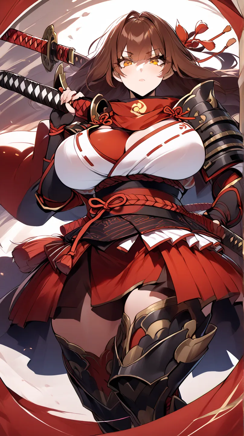 A samurai woman with brown hair and amber eyes wearing samurai armor and a katana in her hand, She has huge breasts and curvy hips 