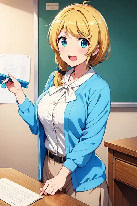 Ellen Baker in light blue clothes teaching English at her classroom desk