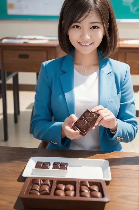  high res,( photorealistic: 1.4,RAW shooting),  school classroom,Cute 18-year-old Japanese ,On Valentine's Day,Generate an image of a woman gifting a special sea art chocolate , women are using future technology , A beautiful ocean design generated by AI i...