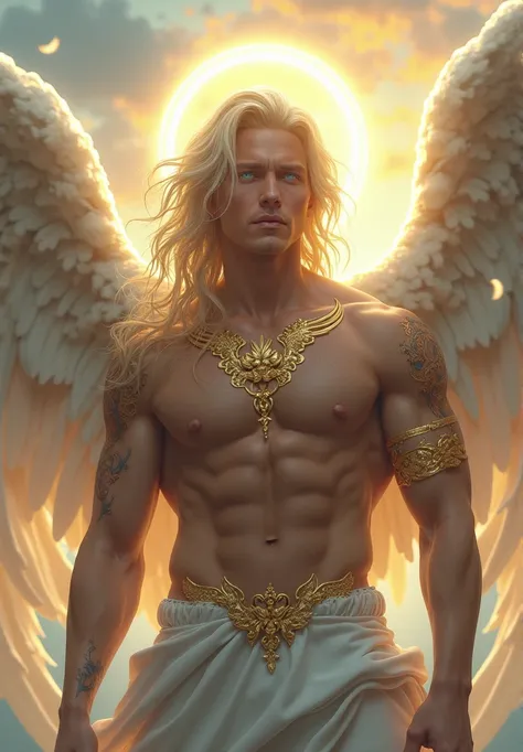 draw a beautiful angel male with blonde hair silver eyes golden tattoos and wings and a halo