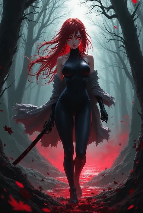 Killer anime girl dark forest blood sea